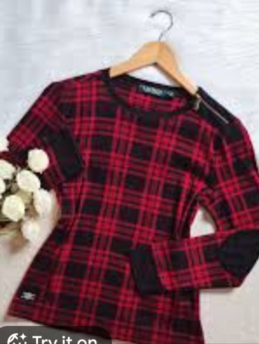 Lauren Ralph Lauren Plaid Knit Top Faux Suede Elbow Patches Zip Shoulder Medium